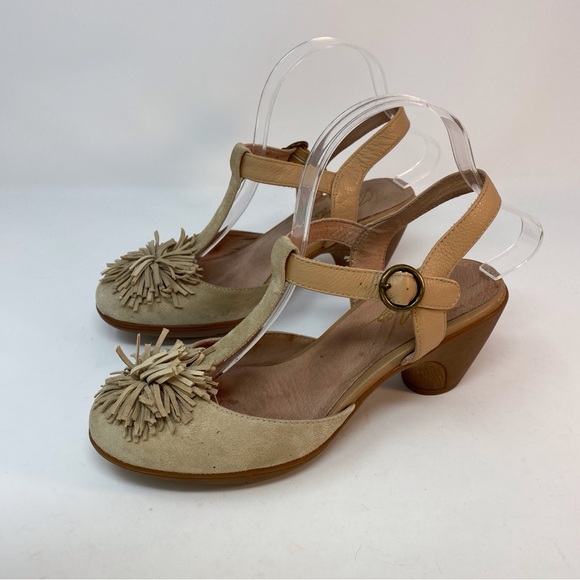 Miz Mooz Beige Leather Monette T Strap Pumps High Heel Shoes Size 8 Womens Pom - Picture 4 of 14